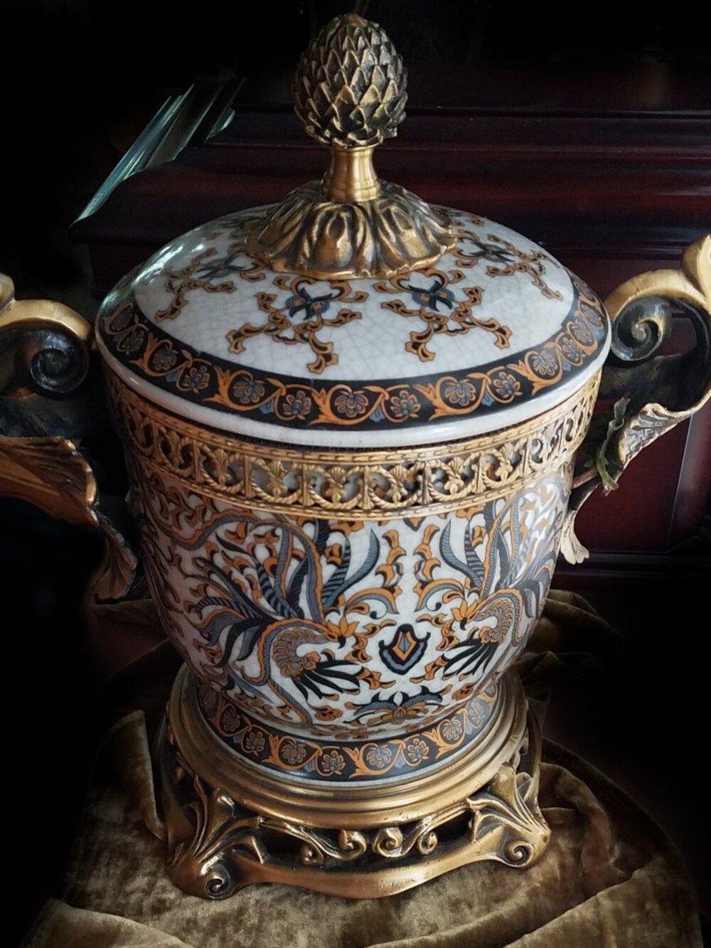 SOLD: Ornate Lidded Porcelain Urn Blue Gold Phoenix Brass Acanthus Handles